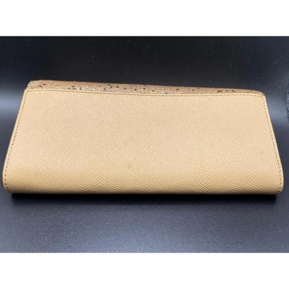Coach Beige Cream Gold Glitter Star Tan Leather Accordion Wallet Clutch Envelope
